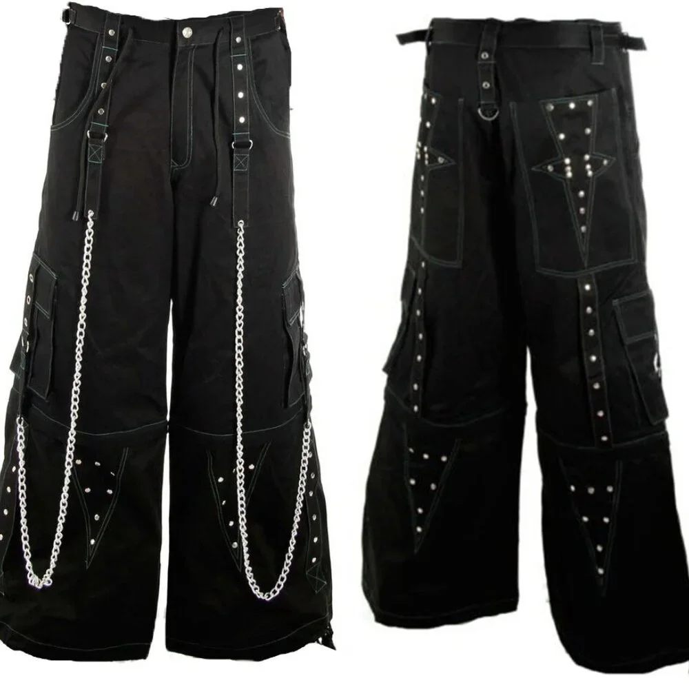 Men Black Cargo Punk Buckle Zips Chain Strap Trousers Trip PANT - Picture 2 of 4